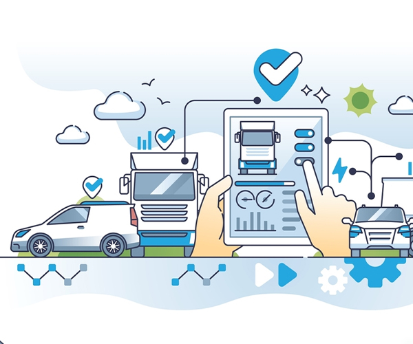 Hand on a tablet screen selecting a fleet of cars, symbolizing choosing the right fleet management system for Dubai businesses